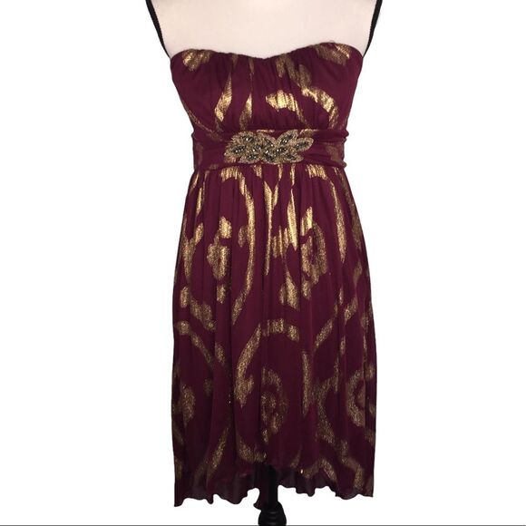 BCX Strapless High Low Wine Gold Dress Size 11 Beaded Waist Semi Formal - Picture 1 of 12